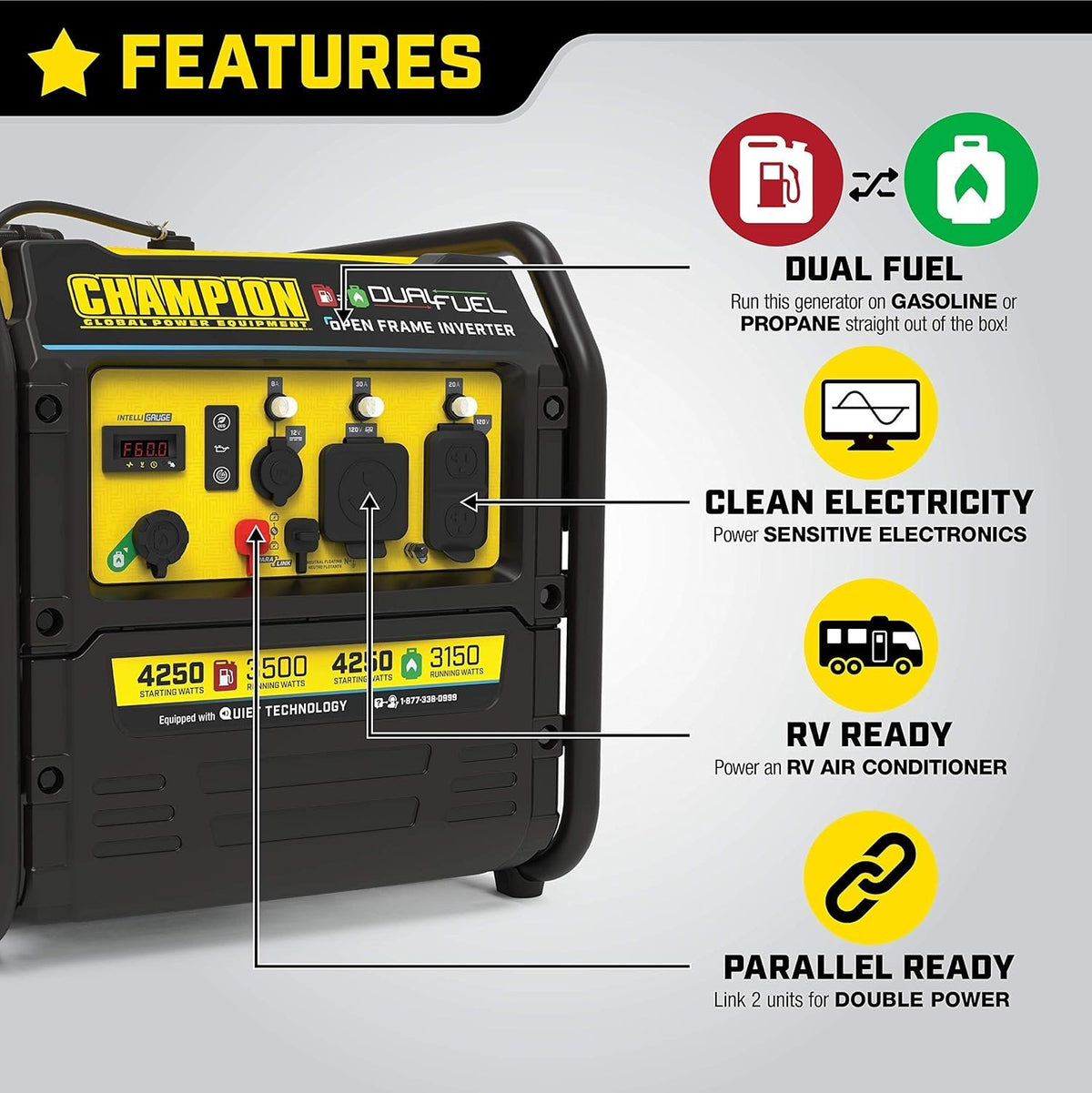 Champion 4250-Watt Dual Fuel RV Ready Open Frame Inverter Generator